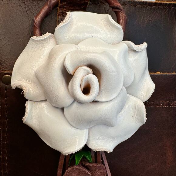 Leather White Rose Purse Charm Genuine Leather Flower Bag Charm NEW FAST SHIP - Picture 4 of 8